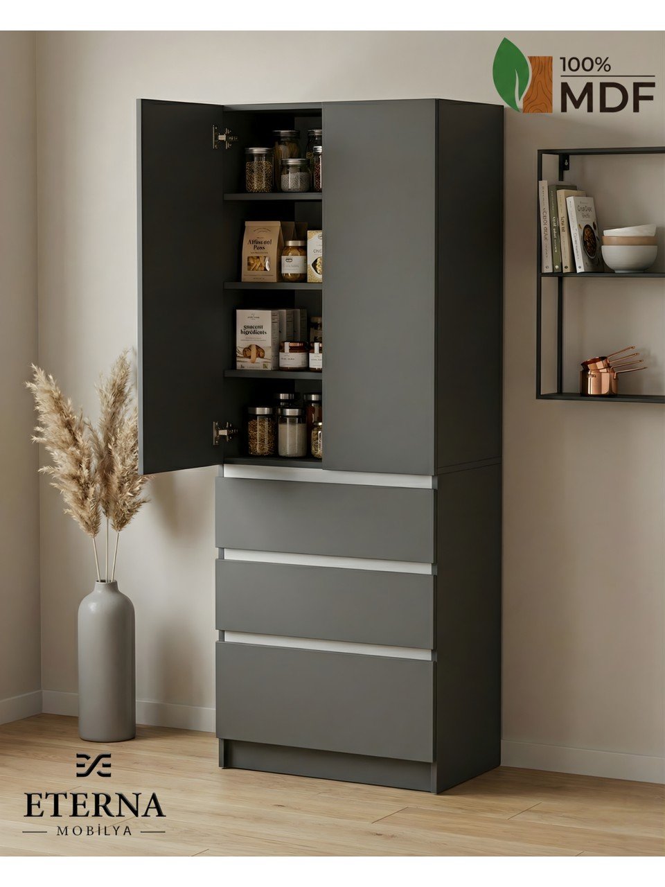 Çekmeceli Çok Amaçlı Dolap | Mutfak Dolabı | Kiler Dolabı | Erzak Dolabı Antrasit - Görsel 3