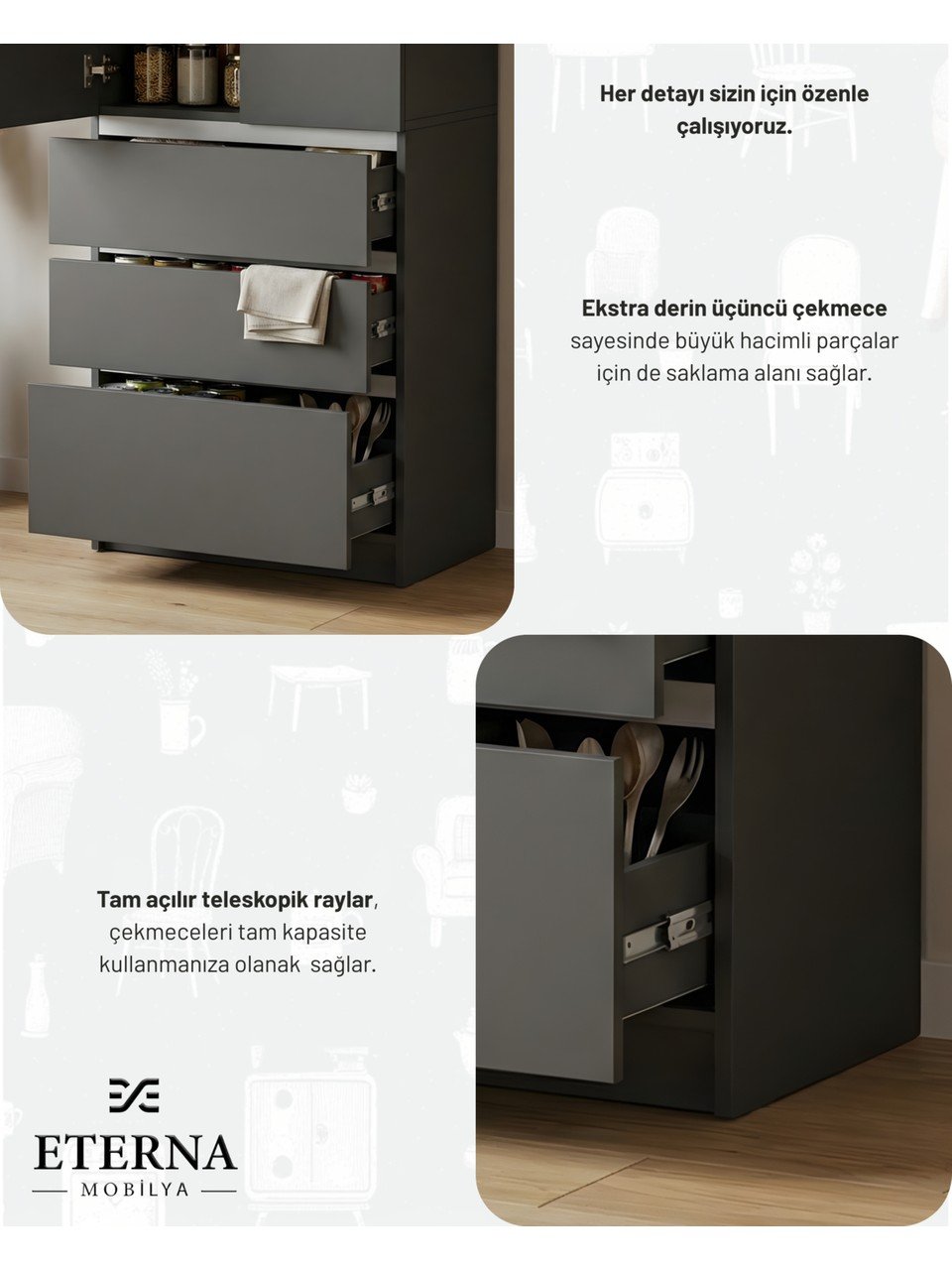 Çekmeceli Çok Amaçlı Dolap | Mutfak Dolabı | Kiler Dolabı | Erzak Dolabı Antrasit - Görsel 4