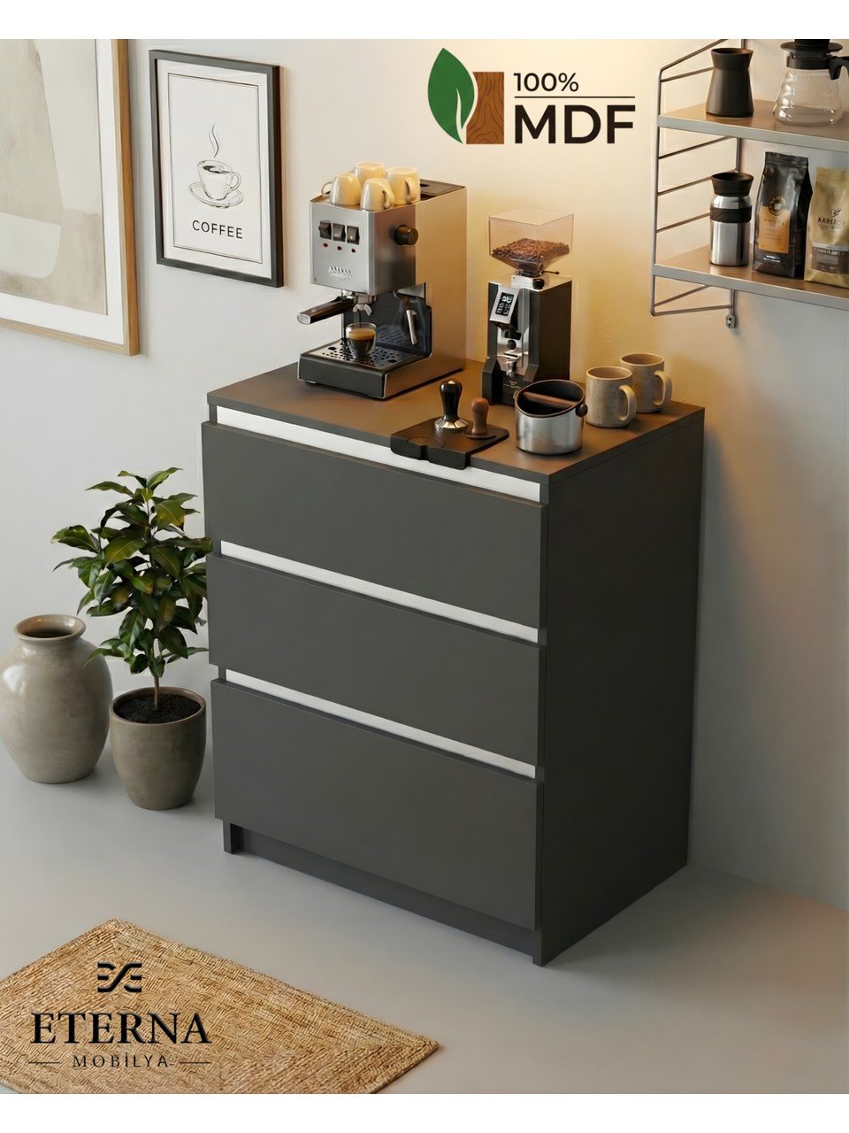 Çekmeceli Kahve Köşesi | Çekmeceli Çok Amaçlı Dolap | Çekmeceli Muftak Dolabı Antrasit - Görsel 8