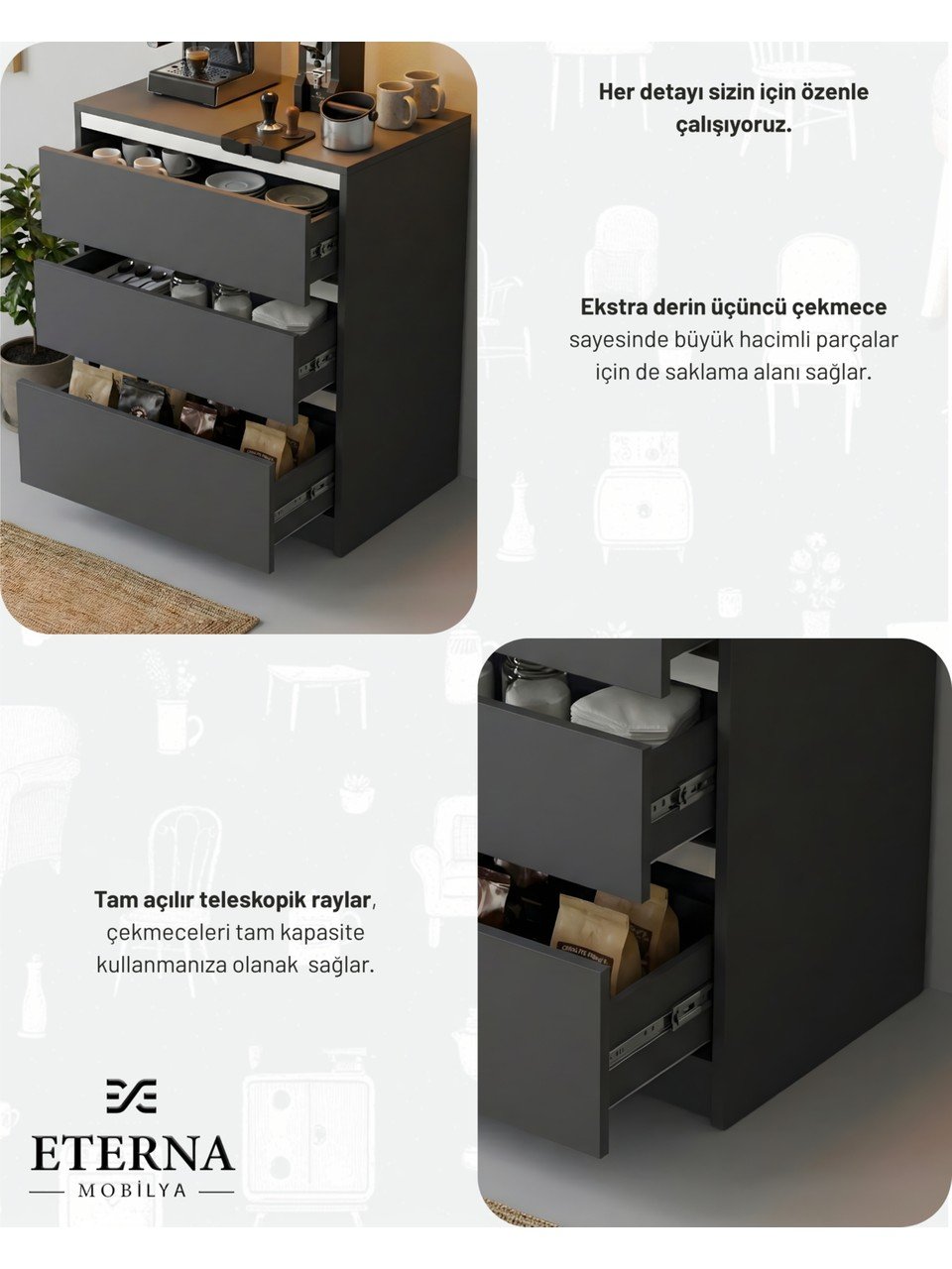 Çekmeceli Kahve Köşesi | Çekmeceli Çok Amaçlı Dolap | Çekmeceli Muftak Dolabı Antrasit - Görsel 6