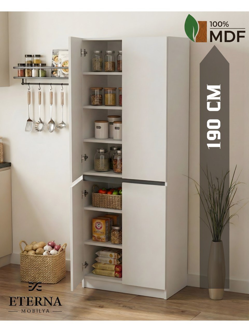 Eterna Mobilya 4 Kapaklı Çok Amaçlı Dolap | Mutfak Dolabı | Kiler Dolabı | Erzak Dolabı Beyaz
