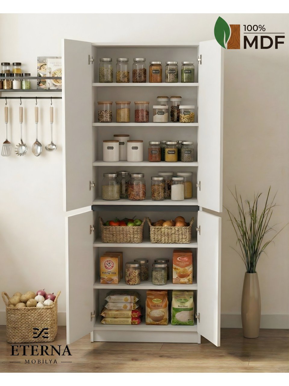 Eterna Mobilya 4 Kapaklı Çok Amaçlı Dolap | Mutfak Dolabı | Kiler Dolabı | Erzak Dolabı Beyaz - Görsel 5