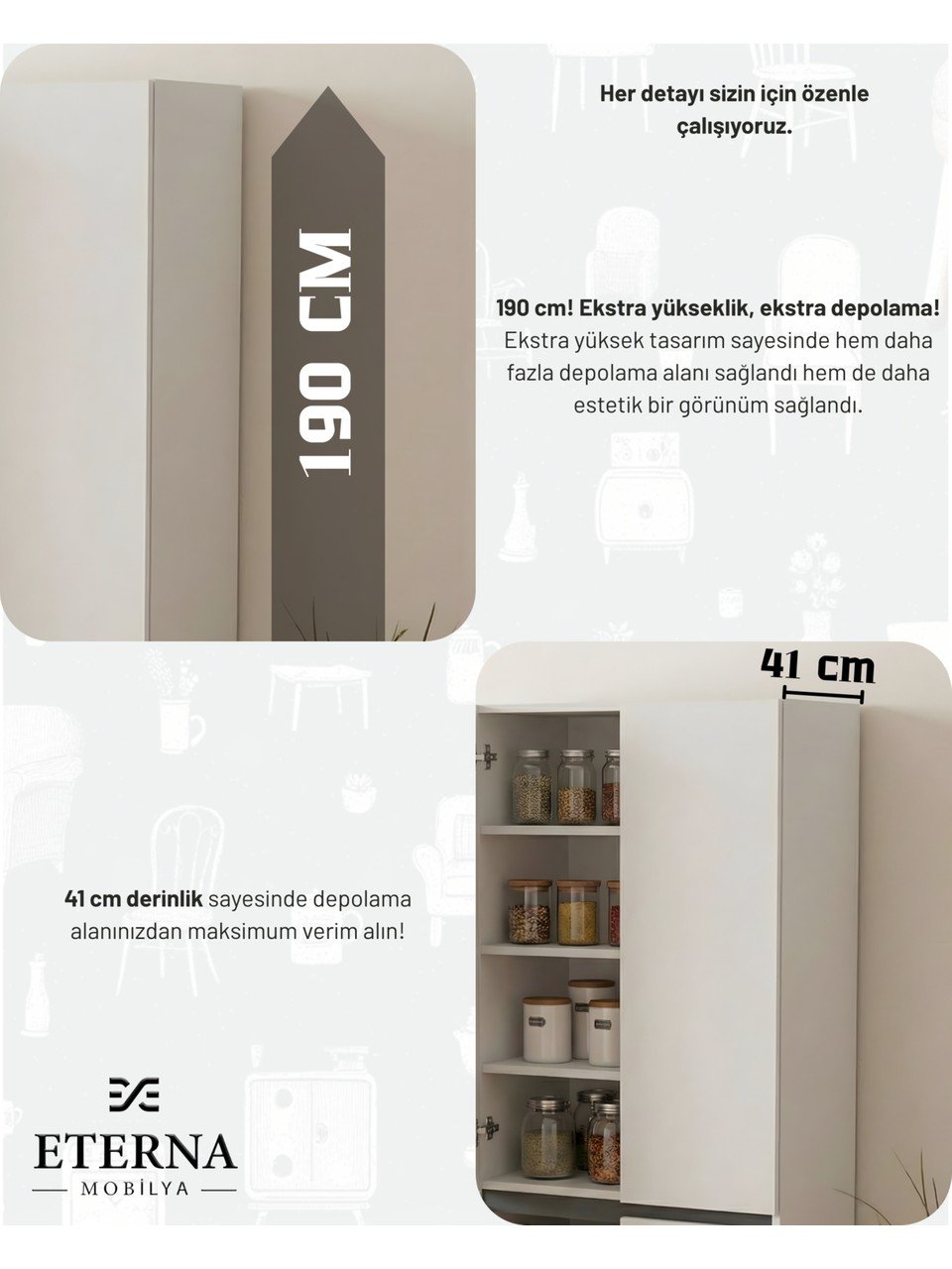 Eterna Mobilya 4 Kapaklı Çok Amaçlı Dolap | Mutfak Dolabı | Kiler Dolabı | Erzak Dolabı Beyaz - Görsel 3